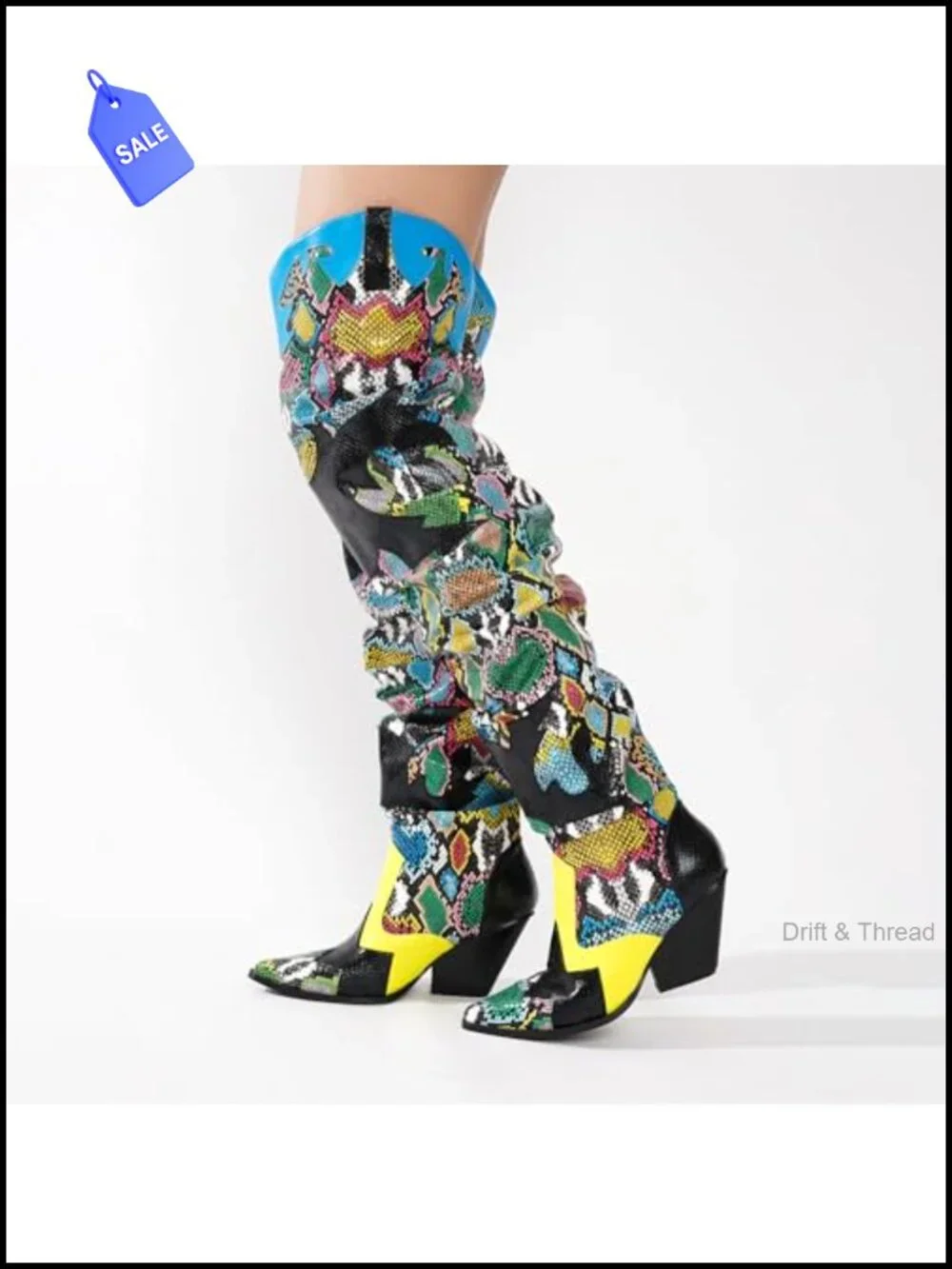Thigh High Cowboy Boots for Women Faux Snakeskin Chunky Heel Slip Resistant